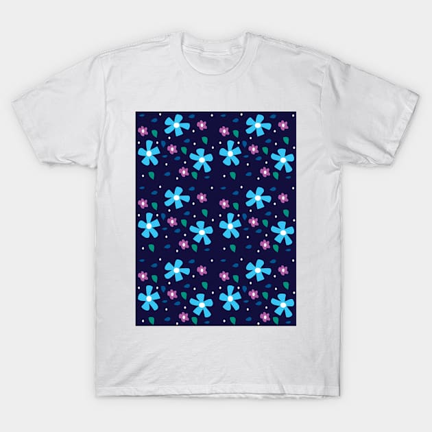 Purple and Navy Blue Floral Flower Power Pattern T-Shirt by FruitflyPie